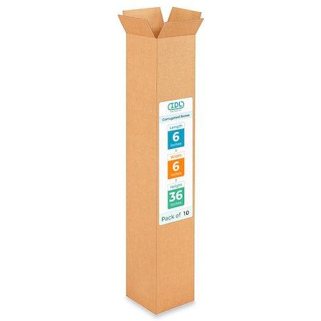 Idl Packaging 6 in x 6 in x 36 in Shipping Box, Kraft, Corrugate, Single Wall, 10 PK B-6636-10
